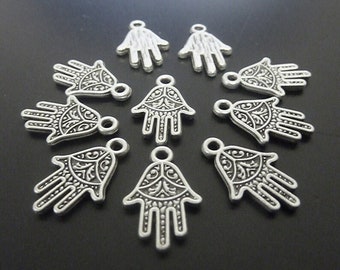 10 Hand of Fatima Pendants, Hand Charms, Antique Silver, Earrings Charms Pendant Necklace Wholesale Jewelry Findings Made in Europe ZM436as