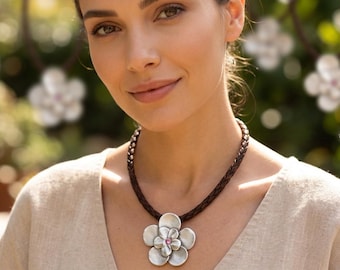 Flower Pendant with Crystal, Silver Flower Necklace Pendant, Floral Charm, Statement Flower Pendant, Jewelry Making Supply - P140