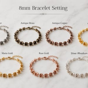 May include: Seven 8mm bracelet settings arranged in two rows, featuring various metal finishes including antique silver, antique brass, antique copper, gold, matte gold, rose gold, and silver/rhodium. Each bracelet has a lobster claw clasp.