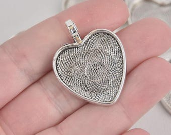 5pcs Silver Heart Bezel Pendant Blanks, Cabochon Setting Tray for Resin Jewelry Making, DIY Necklace Supplies - zm468as