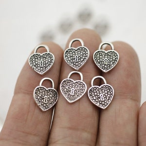 20pcs Heart Padlock Charms, Silver Love Lock Pendants, Micro Pave Heart Lock, Valentine&#39;s Jewelry Supply ZM1096as