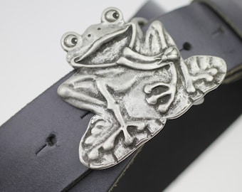 Antique Silver Frog Belt Buckle: Pewter Animal Accessory - GS332as
