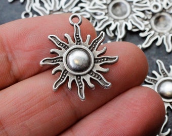 Antique Silver Sun Flame Charms, Set of 20, Celestial Sun Pendant, Boho Sun Jewelry Charm, Jewelry Making Supply - 10pcs (20mm) - zm723as