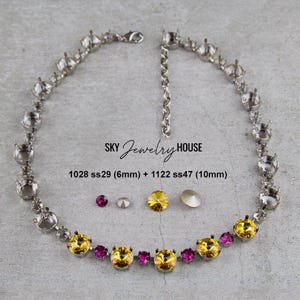 May include: A silver-toned necklace with settings for gemstones, featuring a chain extender. The necklace is adorned with yellow and pink gemstones. The image also shows loose gemstones in various sizes and colors. Text on the image reads "SKY Jewelry HOUSE" and "1028 ss29 (6mm) + 1122 ss47 (10mm)".