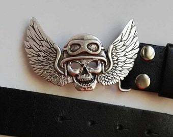 Hebilla de cinturón de motociclista con calavera: Ángel de la Muerte de peltre, accesorio gótico rockero - GS264ds