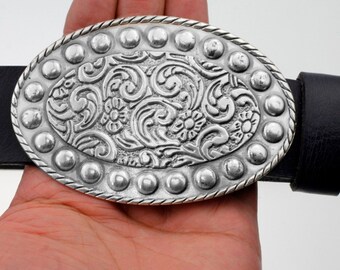 Flower Belt Buckle, Oval Belt Buckle, Silver Belt Buckle