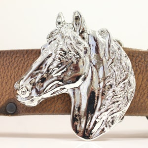 Rhodium Plated Horse Head Buckle, Polished Metal Western Snap Buckle, Adjustable Belt Clasp for Cowboy Riders & Animal Theme Lovers GS281rh