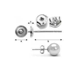 May include: An assortment of silver-colored earring components, including a post, backings, and a pearl stud earring. The components are shown with labeled dimensions. The pearl stud earring has a round, white pearl.