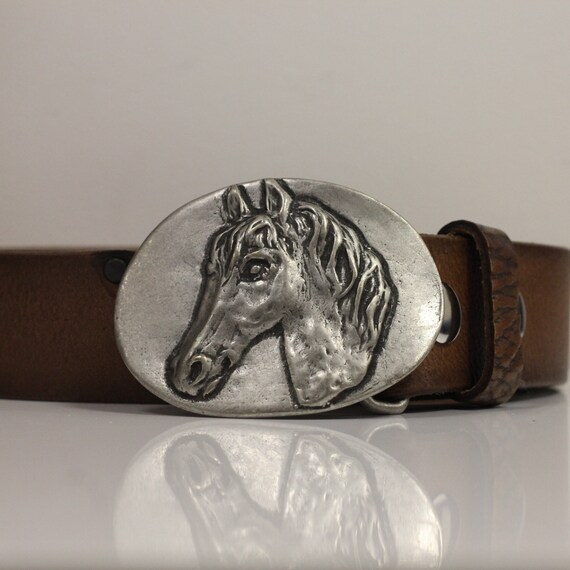 Dark Silver Horse Belt Buckle: Oval Western Cowboy Pewter 