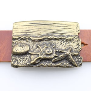 Antique Bronze Sea Shell Belt Buckle, Beach Scene Snap Buckle, Nautical Belt Buckle for Leather Strap, Ocean Style Rectangle Buckle GS155ab