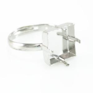 May include: A silver-colored ring with a square setting designed to hold a gemstone. The ring band is thin and circular, leading to the prominent square setting with prongs for securing a stone. The ring is set against a white background.
