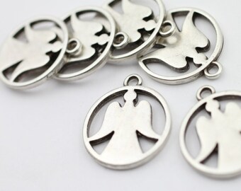 May include: Silver angel charms with a cutout design. The charms are round and have a loop at the top for attaching to jewelry or other crafts.