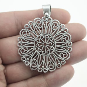 Vintage Mandala Necklace, Large Filigree Flower Round Charms Necklace, Bohemian Style Ethnic Flower Necklace, Openwork Model Pendant P47