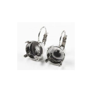 May include: A pair of silver-toned earrings with a round, dark gray center and a lever-back closure. The earrings have a detailed, textured design and are set against a white background. These earrings are suitable for everyday wear or special occasions.