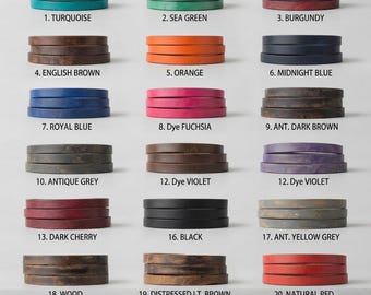 Pode incluir: Uma tabela de cores exibindo vinte amostras de tiras de couro em vários tons, incluindo turquesa, verde-mar, bordô, marrom, laranja, azul, fúcsia, cinza, violeta, cereja, preto e vermelho, cada uma rotulada com um número e nome.