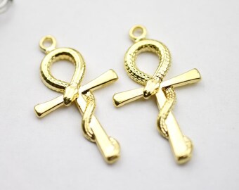 5 Ankh d'oro, Ciondoli serpente croce, Pendenti con ciondolo Ankh, Ciondolo in oro lucido, Orecchini, Forniture per collane con ciondolo, Commercio all'ingrosso, ZM1128go