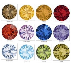 May include: Twelve circular, faceted gemstones in a range of colours, such as smoked topaz, topaz, Siam, light amethyst, Capri blue, and khaki. Each gem is labelled with a number and name.