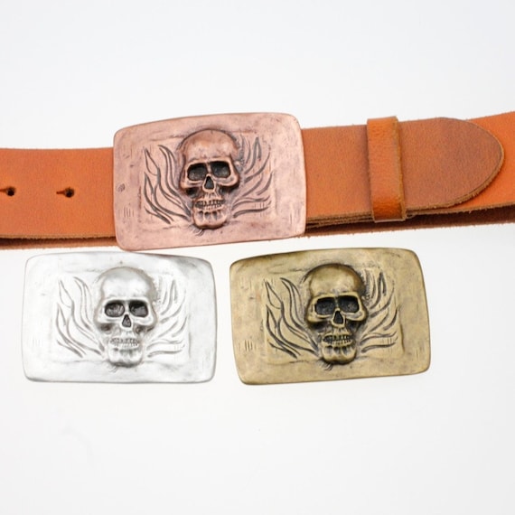 Skull Belt Buckle Antique Silver, Biker Belt Buckle, Flaming Skull