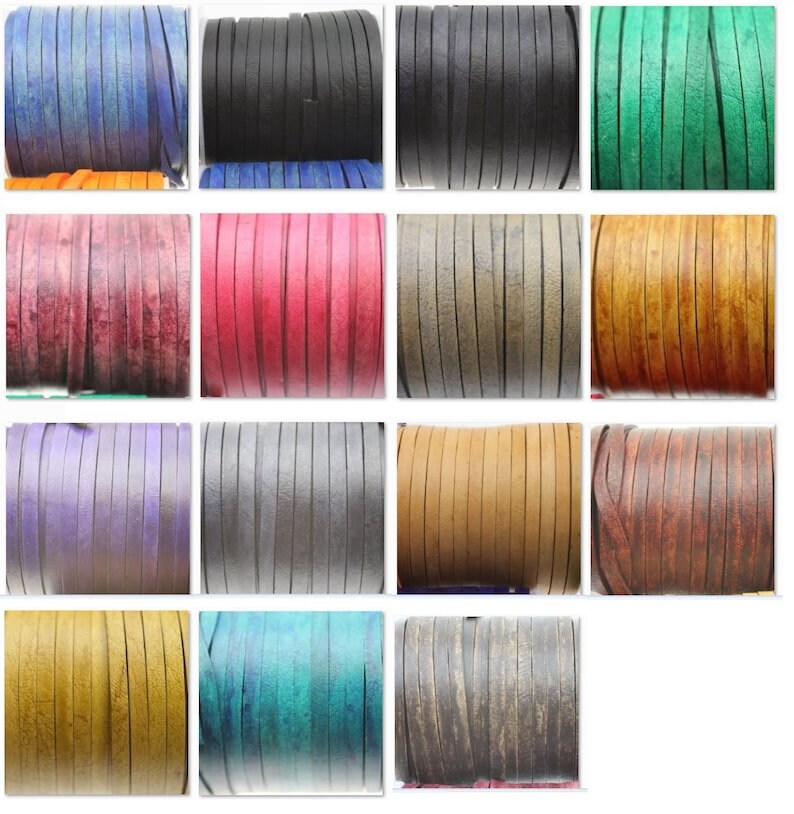 May include: Assortment of 12 colors of leather cord, each color is shown in a separate roll. The colors are blue, black, green, burgundy, red, brown, purple, gray, tan, teal, and gray with a distressed look.