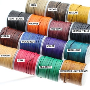 May include: Assortment of leather cord spools in various colors, including grey, wood, yellow, matt black, orange, red wine, midnight blue, cherry, royal blue, violet, turquoise, light brown, pink, sea green, and distressed light brown.