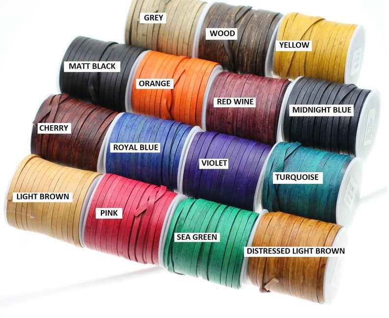 May include: Assortment of leather cord spools in various colors, including grey, wood, yellow, matt black, orange, red wine, midnight blue, cherry, royal blue, violet, turquoise, light brown, pink, sea green, and distressed light brown.