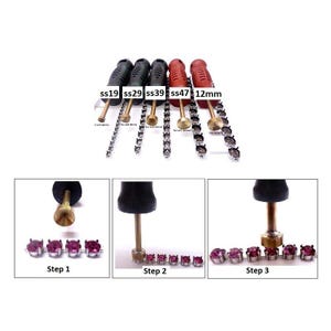 May include: A set of five tools for setting rhinestones, with sizes labeled ss19, ss29, ss39, ss47, and 12mm. The tools are shown in three steps: placing the rhinestone, pressing the tool down, and setting the rhinestone.