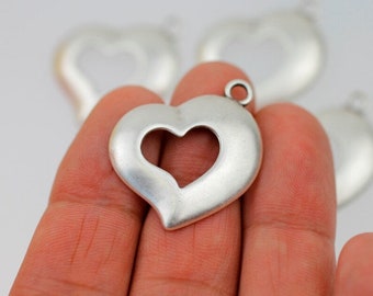 10pcs Sterling Silver Plated Heart Pendants: Double Heart Charms (32x30mm) - zm05as