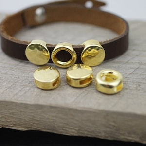10  Round Slider Beads, Round Slider Charms, Bulk Beads, Bracelet Beads, Round Gold Beads, for Leather Cord Bracelet, High Quality, ZM310go