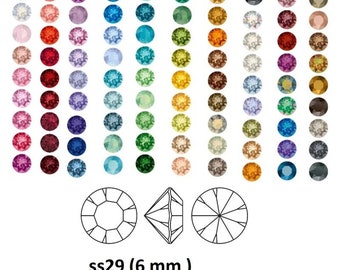 May include: A collection of round, faceted crystals arranged in a grid of various colors including red, blue, green, yellow, pink, and brown. Below the grid are three line drawings showing the top, side, and bottom views, labeled ss29 (6 mm).