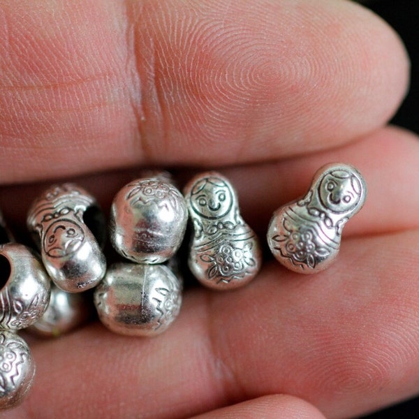 10 Matryoshka Doll Beads, Large Hole Beads, Spacer Beads, Slider Beads, Silver Beads, Jewelry Making Supplies, ZM140as