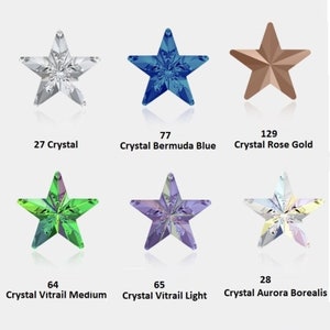 May include: Six different colours of star-shaped rhinestones. The colours are crystal, Bermuda blue, rose gold, vitrail medium, vitrail light, and aurora borealis. Each rhinestone has a number and a description underneath.