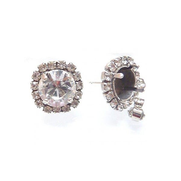 10mm 2pcs Rhodium Earring Setting with Beaded Border for Swarovski Rivoli Crystals - F158s