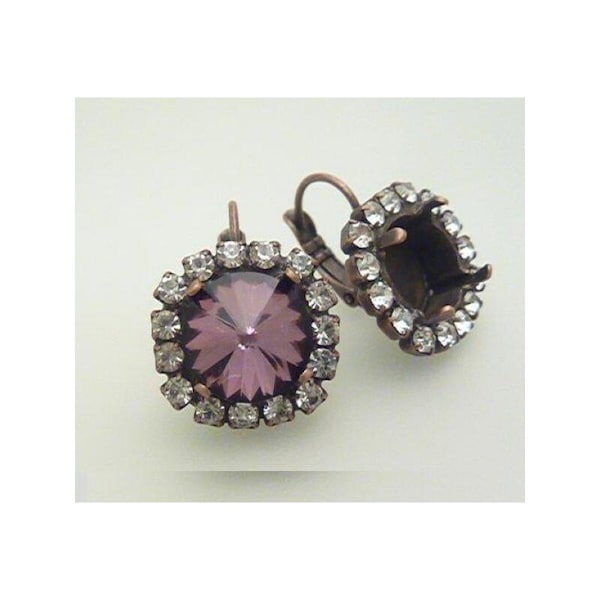 10mm Rhodium Earring Setting with Beaded Border for Swarovski Rivoli Crystals - F158