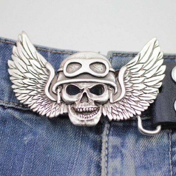 Skull & Angel Wings Pirate Biker Death Belt Buckle, Angle of