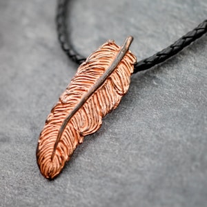 Oxidized Copper Feather Pendant,, Big Feather Pendant, Pendant Craft, Leather Chain, Unisex Pendant, Jewelry Making, Christmas Gift, P127ac