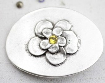 Silver Belt Buckle, Oval Belt Buckle, Flower Belt Buckle With 6 mm Swarovski Crystal, Women Belt Buckle, Christmas Gift, Buckle Gift, GS86