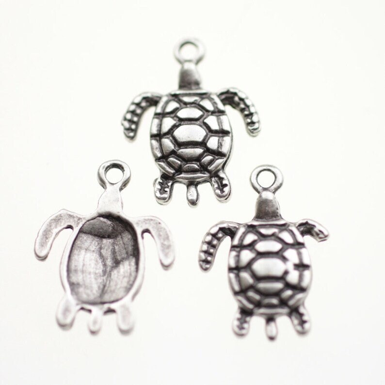 Lot De 3 Breloques Charms Tortue - Plaqué Argent - Dimensions 26x17 Mm