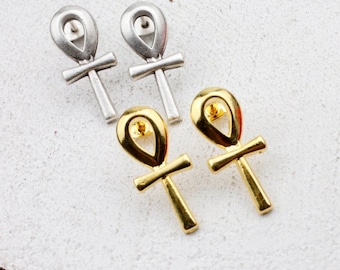 5 Pairs Gold Ankh Stud Earrings, 14K Gold Plated Egyptian Life Key Earrings, Minimalist Religious Jewelry, Dainty Daily Wear Studs - ZM949