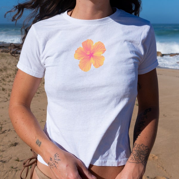 Hibiscus Graphic Tee, Y2K Baby Tee, Coastal Grandma, Mermaid Shirt, 2000's Crop Top, Trendy Retro Graphic t-shirt, Cotton 90's TShirt