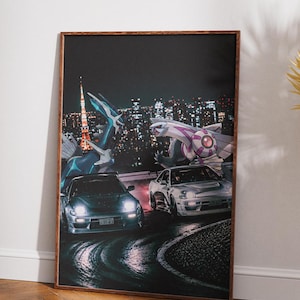 May include: Framed print featuring two sports cars racing on a wet track at night, with a cityscape and two stylized creatures in the background. The print has a dark color palette with bright headlights and city lights.