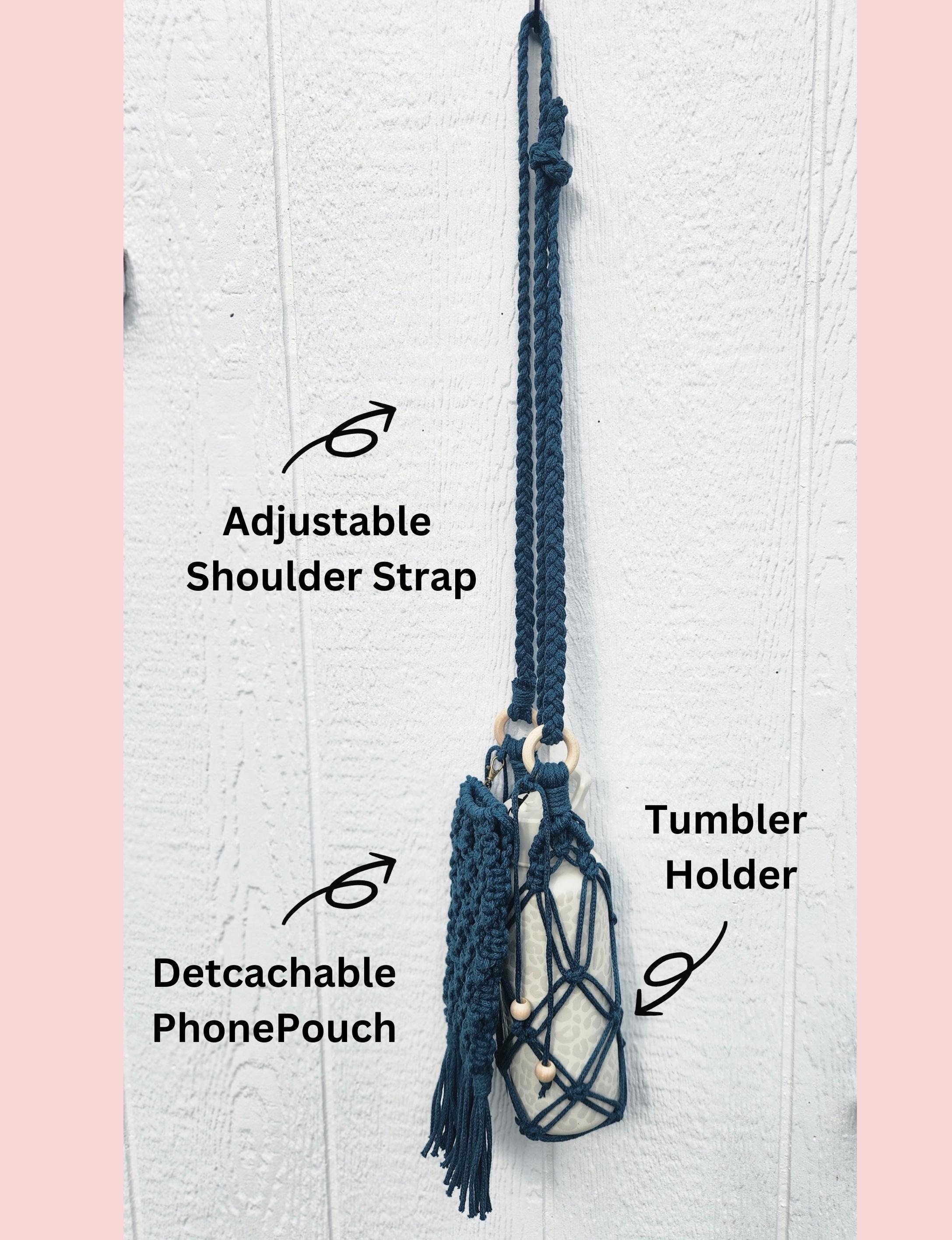 Macrame Water Bottle Holder with Phone Pouch: Boho Hands-Free Carrier