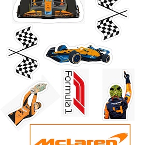 May include: A selection of stickers with Formula 1 racing designs. The set includes images of race cars, chequered flags, the Formula 1 logo, a winning driver, and the McLaren logo in orange and white.