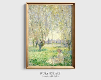 Woman Seated under the Willows Vintage Painting | Monet Printable Wall Decor | Spring Landscape Wall Art | Impressionism Oil Painting Print