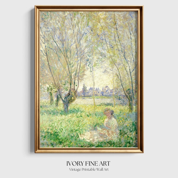 Woman Seated under the Willows Vintage Painting | Monet Printable Wall Decor | Spring Landscape Wall Art | Impressionism Oil Painting Print