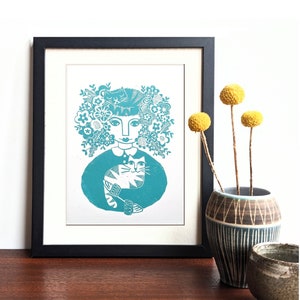Mad Cat Lady in teal - Original Lino Print