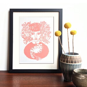 Mad Cat Lady in pink - Original Lino Print