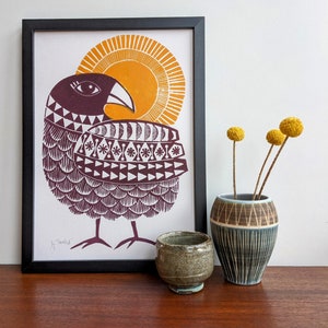 Sunbird in Burgundy - Original Lino Print