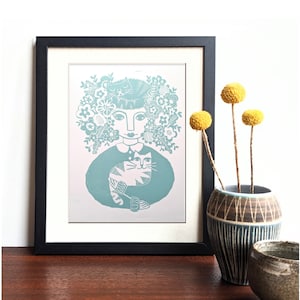 Mad Cat Lady in mint - Original Lino Print