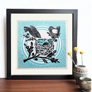 青い巣の中の鳥 - オリジナルリノプリント