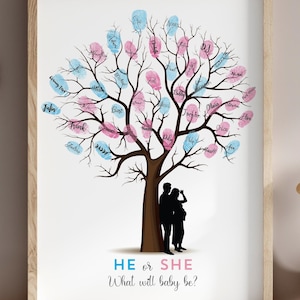 Drzewo odcisków palców ujawniających płeć,Kobiety w ciąży, Para w ciąży, Drzewo odcisków palców gości, Plakat na baby shower, Natychmiastowe pobieranie,